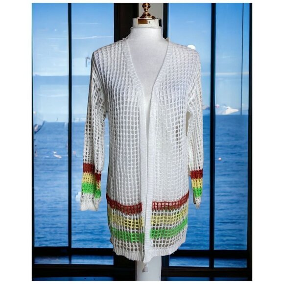 Crochet SWIM COVER UP NEW Boho Gypsy Beach Princess White Striped Womens Size L - Picture 1 of 13